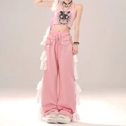 Sweet Girl Style Pink Bow Straight Pants -Kawaii Fashion Shop Sweet Girl Style Pink Bow Straight Pants 8
