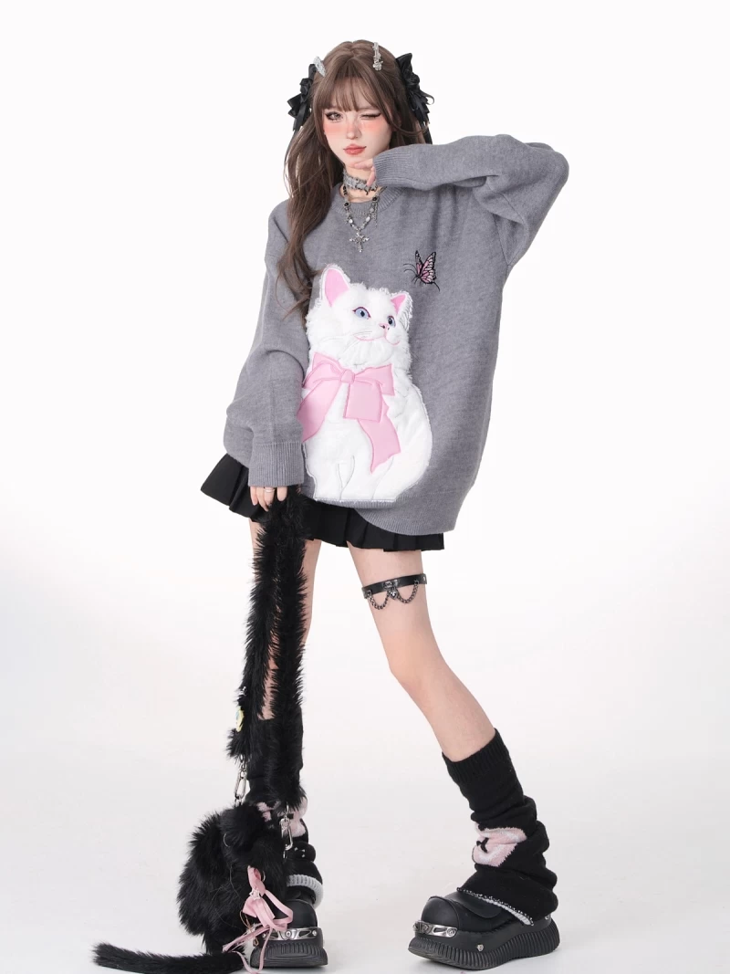Sweet Girl Style Pink Cartoon Cat Embroidered Sweatshirt 5 Sweet Girl Style Pink Cartoon Cat Embroidered Sweatshirt - Image 3