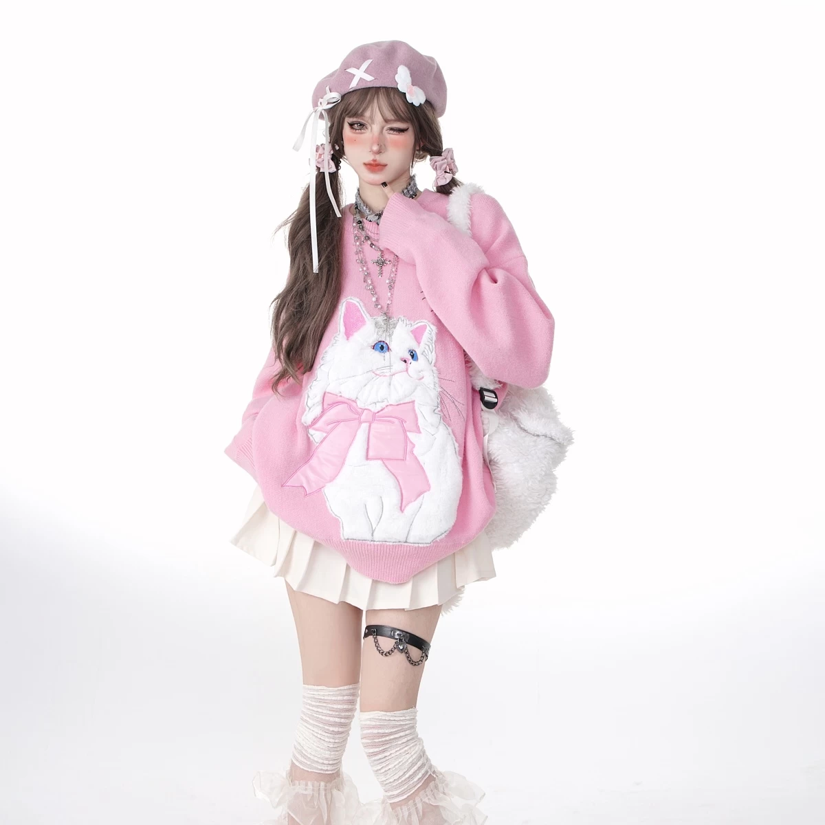 Sweet Girl Style Pink Cartoon Cat Embroidered Sweatshirt 4 Sweet Girl Style Pink Cartoon Cat Embroidered Sweatshirt - Image 2