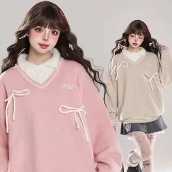 Sweet Girl Style Pink Fake Two-Piece Sweater -Kawaii Fashion Shop Sweet Girl Style Pink Fake Two Piece Sweater 1