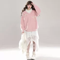 Sweet Girl Style Pink Fake Two-Piece Sweater -Kawaii Fashion Shop Sweet Girl Style Pink Fake Two Piece Sweater 6