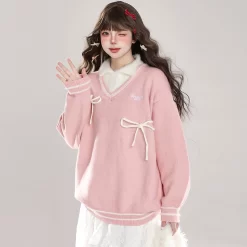 Sweet Girl Style Pink Fake Two-Piece Sweater -Kawaii Fashion Shop Sweet Girl Style Pink Fake Two Piece Sweater 8