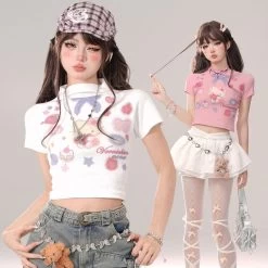 Sweet Girl Style Pink Navel-Baring T-shirt -Kawaii Fashion Shop Sweet Girl Style Pink Navel Baring T shirt 4