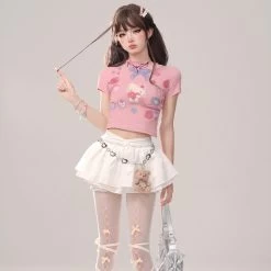 Sweet Girl Style Pink Navel-Baring T-shirt -Kawaii Fashion Shop Sweet Girl Style Pink Navel Baring T shirt 6