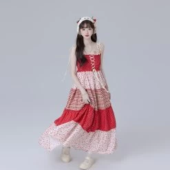 Sweet Girl Style Red Floral Suspender Dress -Kawaii Fashion Shop Sweet Girl Style Red Floral Suspender Dress 10