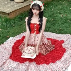 Sweet Girl Style Red Floral Suspender Dress -Kawaii Fashion Shop Sweet Girl Style Red Floral Suspender Dress 2