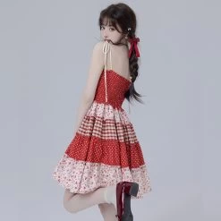 Sweet Girl Style Red Floral Suspender Dress -Kawaii Fashion Shop Sweet Girl Style Red Floral Suspender Dress 4