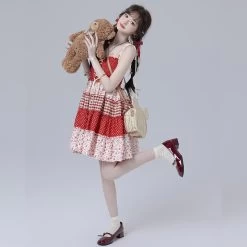 Sweet Girl Style Red Floral Suspender Dress -Kawaii Fashion Shop Sweet Girl Style Red Floral Suspender Dress 6