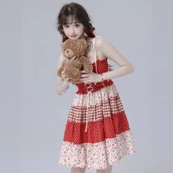 Sweet Girl Style Red Floral Suspender Dress -Kawaii Fashion Shop Sweet Girl Style Red Floral Suspender Dress 7