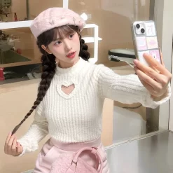 Sweet Girl Style White Slim Heart Hollow Bottoming Shirt -Kawaii Fashion Shop Sweet Girl Style White Slim Heart Hollow Bottoming Shirt 12