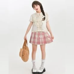 Kawaii Fashion Shop -Kawaii Fashion Shop Sweet Girly Pink Grid JK Skirt 3