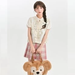 Sweet Girly Pink Grid JK Skirt -Kawaii Fashion Shop Sweet Girly Pink Grid JK Skirt 5