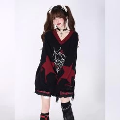 Sweet Girly Style Black And Red V-neck Sweater -Kawaii Fashion Shop Sweet Girly Style Black And Red V neck Sweater 6