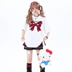 Sweet Girly Style Bow Embroidered Round Neck Loose T-shirt 11 Sweet Girly Style Bow Embroidered Round Neck Loose T-shirt -Kawaii Fashion Shop Sweet Girly Style Bow Embroidered Round Neck Loose T shirt 1