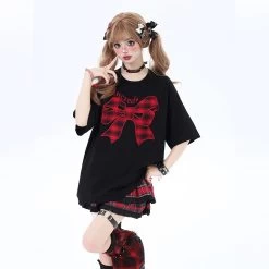 Sweet Girly Style Bow Embroidered Round Neck Loose T-shirt 13 Sweet Girly Style Bow Embroidered Round Neck Loose T-shirt -Kawaii Fashion Shop Sweet Girly Style Bow Embroidered Round Neck Loose T shirt 3