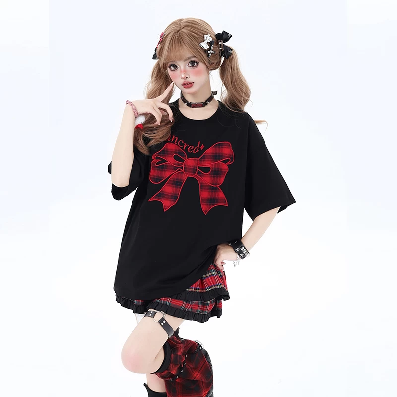 Sweet Girly Style Bow Embroidered Round Neck Loose T-shirt 7 Sweet Girly Style Bow Embroidered Round Neck Loose T-shirt - Image 5