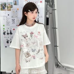Sweet Girly Style White Comic Print Short-Sleeved T-shirt 15 Sweet Girly Style White Comic Print Short-Sleeved T-shirt -Kawaii Fashion Shop Sweet Girly Style White Comic Print Short Sleeved T shirt 1