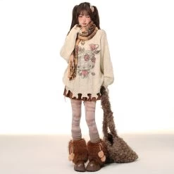 Sweet Lazy Soft Girl Style Pink Hello Kitty Embroidery Loose Sweater -Kawaii Fashion Shop Sweet Lazy Soft Girl Style Pink Hello Kitty embroidery Loose Sweater 3