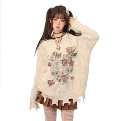 Sweet Lazy Soft Girl Style Pink Hello Kitty Embroidery Loose Sweater -Kawaii Fashion Shop Sweet Lazy Soft Girl Style Pink Hello Kitty embroidery Loose Sweater 4