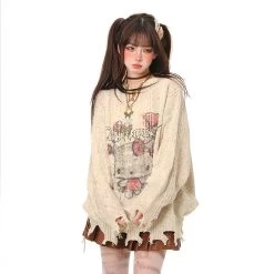 Sweet Lazy Soft Girl Style Pink Hello Kitty Embroidery Loose Sweater -Kawaii Fashion Shop Sweet Lazy Soft Girl Style Pink Hello Kitty embroidery Loose Sweater 6