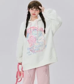 Sweet Loose Pink Cartoon Bunny Print Hoodie -Kawaii Fashion Shop Sweet Loose Pink Cartoon Bunny Print Hoodie 13