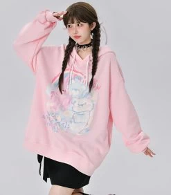 Sweet Loose Pink Cartoon Bunny Print Hoodie -Kawaii Fashion Shop Sweet Loose Pink Cartoon Bunny Print Hoodie 14
