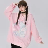 Sweet Loose Pink Cartoon Bunny Print Hoodie 2 Sweet Loose Pink Cartoon Bunny Print Hoodie -Kawaii Fashion Shop Sweet Loose Pink Cartoon Bunny Print Hoodie 3