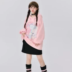 Sweet Loose Pink Cartoon Bunny Print Hoodie -Kawaii Fashion Shop Sweet Loose Pink Cartoon Bunny Print Hoodie 6