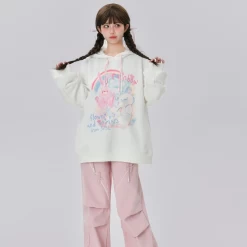 Sweet Loose Pink Cartoon Bunny Print Hoodie -Kawaii Fashion Shop Sweet Loose Pink Cartoon Bunny Print Hoodie 7