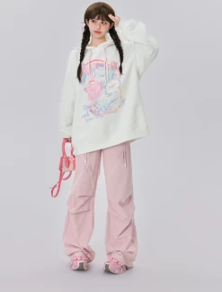 Sweet Loose Pink Cartoon Bunny Print Hoodie -Kawaii Fashion Shop Sweet Loose Pink Cartoon Bunny Print Hoodie 8