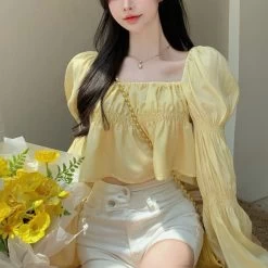 Sweet Pure Color Chiffon Crop Top 9 Sweet Pure Color Chiffon Crop Top -Kawaii Fashion Shop Sweet Puffer Sleeve Y2k Crop Tops Ladies Korean Blouse Woman New Collection 2021 Autumn Casual Pure 1