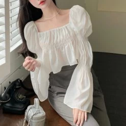 Sweet Pure Color Chiffon Crop Top 12 Sweet Pure Color Chiffon Crop Top -Kawaii Fashion Shop Sweet Puffer Sleeve Y2k Crop Tops Ladies Korean Blouse Woman New Collection 2021 Autumn Casual Pure 4