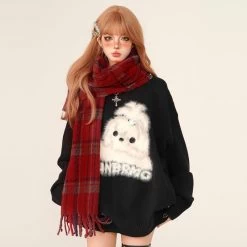 Sweet Red Christmas Style Loose Crew Neck Sweater -Kawaii Fashion Shop Sweet Red Christmas Style Loose Crew Neck Sweater 1