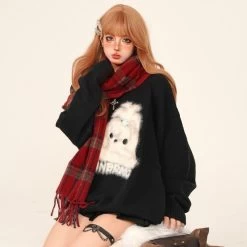 Sweet Red Christmas Style Loose Crew Neck Sweater -Kawaii Fashion Shop Sweet Red Christmas Style Loose Crew Neck Sweater 3