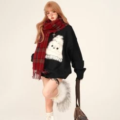 Sweet Red Christmas Style Loose Crew Neck Sweater -Kawaii Fashion Shop Sweet Red Christmas Style Loose Crew Neck Sweater 4