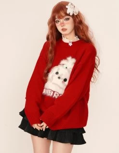 Sweet Red Christmas Style Loose Crew Neck Sweater -Kawaii Fashion Shop Sweet Red Christmas Style Loose Crew Neck Sweater 5