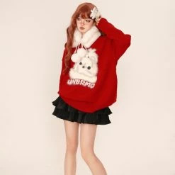 Sweet Red Christmas Style Loose Crew Neck Sweater -Kawaii Fashion Shop Sweet Red Christmas Style Loose Crew Neck Sweater 7
