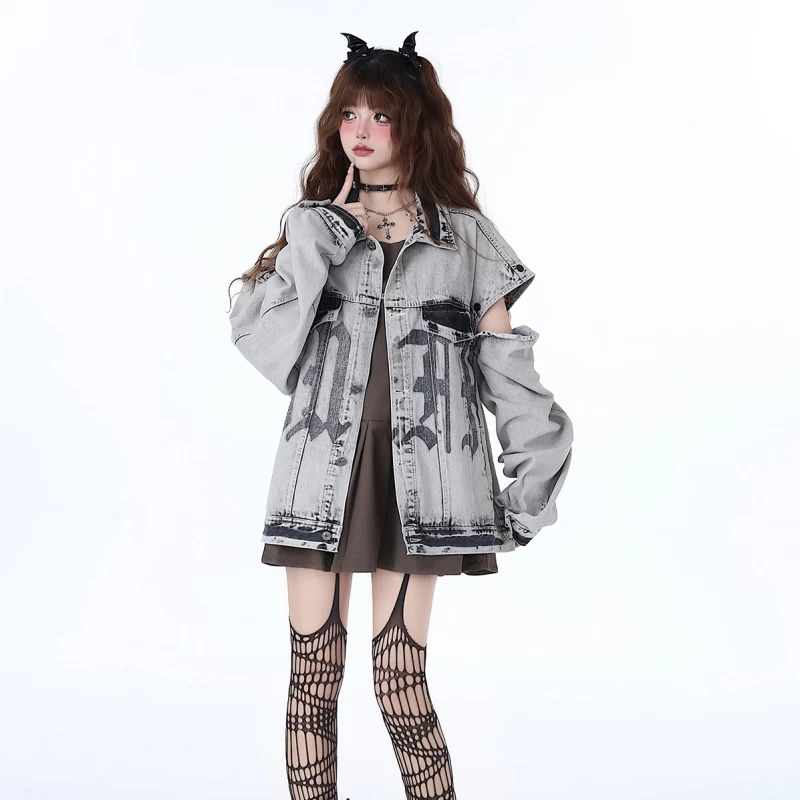 Sweet Retro Style Gray Loose Denim Jacket 4 Sweet Retro Style Gray Loose Denim Jacket - Image 2