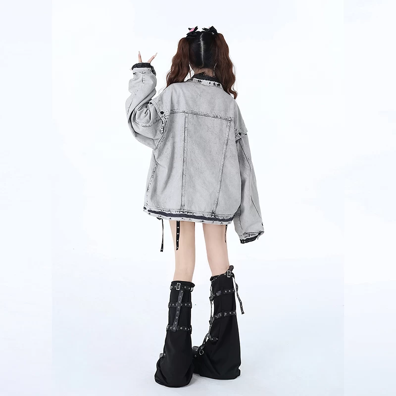 Sweet Retro Style Gray Loose Denim Jacket 5 Sweet Retro Style Gray Loose Denim Jacket - Image 3