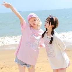 Sweet Soft Girl Style Hand-Painted Printed Loose T-shirt -Kawaii Fashion Shop Sweet Soft Girl Style Hand Painted Printed Loose T shirt 5