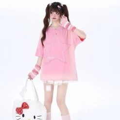 Sweet Soft Girl Style Pink All-match Round Neck T-shirt -Kawaii Fashion Shop Sweet Soft Girl Style Pink All match Round Neck T shirt 1