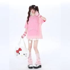 Sweet Soft Girl Style Pink All-match Round Neck T-shirt -Kawaii Fashion Shop Sweet Soft Girl Style Pink All match Round Neck T shirt 4