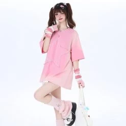 Sweet Soft Girl Style Pink All-match Round Neck T-shirt -Kawaii Fashion Shop Sweet Soft Girl Style Pink All match Round Neck T shirt 6