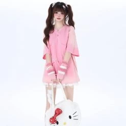 Sweet Soft Girl Style Pink All-match Round Neck T-shirt -Kawaii Fashion Shop Sweet Soft Girl Style Pink All match Round Neck T shirt 8