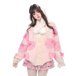 Sweet Soft Girl Style Pink Hello Kitty Printed Cardigan Sweater -Kawaii Fashion Shop Sweet Soft Girl Style Pink Hello Kitty Printed Cardigan Sweater 7