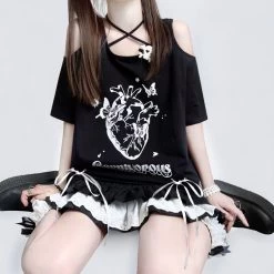 Sweet Soft Girl Style Strawberry Print Off-shoulder Lace-up T-shirt 9 Sweet Soft Girl Style Strawberry Print Off-shoulder Lace-up T-shirt -Kawaii Fashion Shop Sweet Soft Girl Style Strawberry Print Off shoulder Lace up T shirt 2