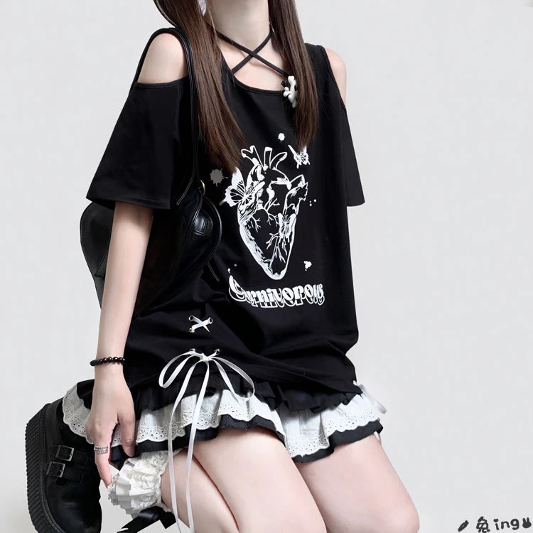 Sweet Soft Girl Style Strawberry Print Off-shoulder Lace-up T-shirt 7 Sweet Soft Girl Style Strawberry Print Off-shoulder Lace-up T-shirt - Image 5