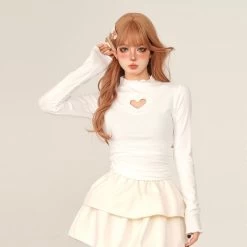 Sweet Style All-match Lace Hollow Heart Long-Sleeved Top -Kawaii Fashion Shop Sweet Style All match Lace Hollow Heart Long Sleeved Top 5