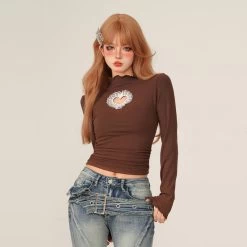 Sweet Style All-match Lace Hollow Heart Long-Sleeved Top -Kawaii Fashion Shop Sweet Style All match Lace Hollow Heart Long Sleeved Top 6