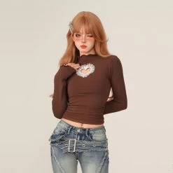 Sweet Style All-match Lace Hollow Heart Long-Sleeved Top -Kawaii Fashion Shop Sweet Style All match Lace Hollow Heart Long Sleeved Top 7